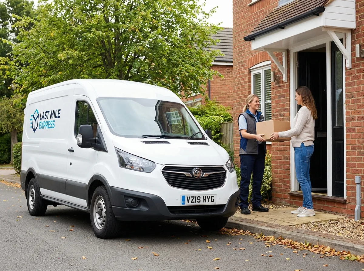 A courier delivering a parcel to a customer — the ALB last-mile service